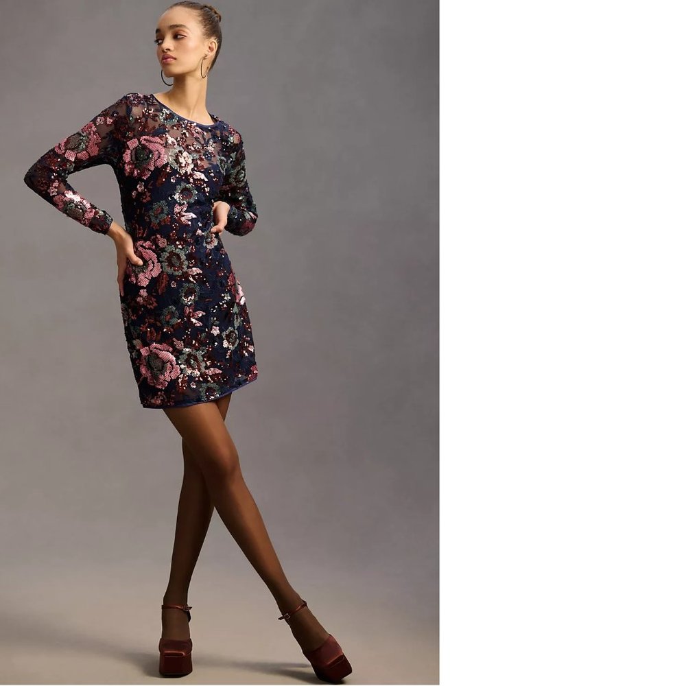 By Anthropologie Sequin Mini Dress 00P NWT navy / floral
